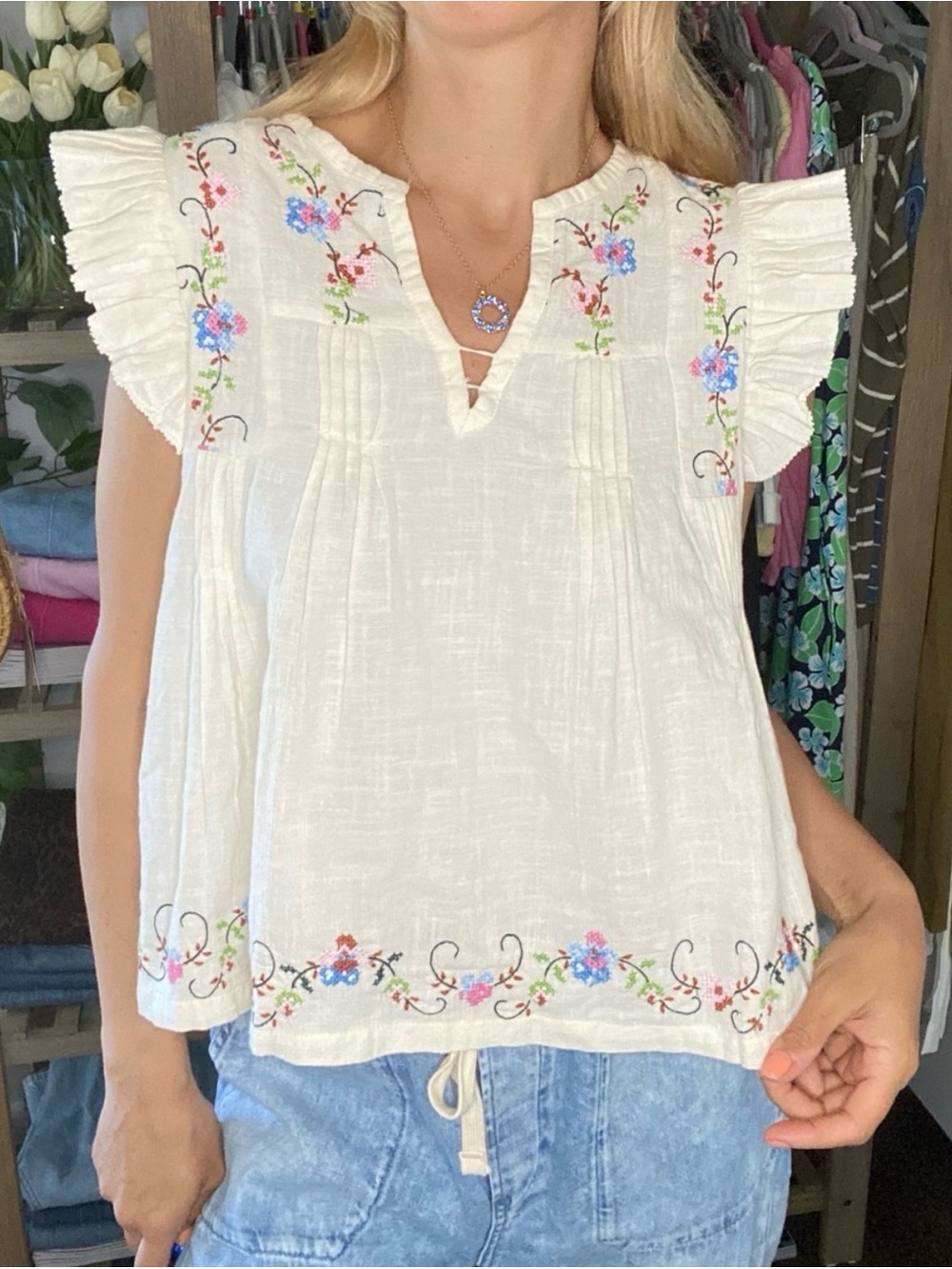 Jennifer & Grace Cream Embroidered Floral Top